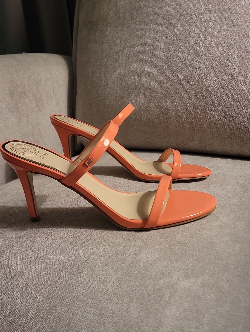 GUESS Coral Orange Patent Leather High Heel Slide Sandals - Women, Size 9